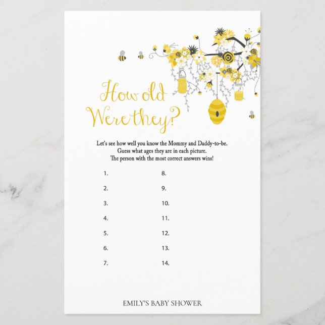 Jeu Baby shower Abeille - Quel Âge Avaient-Ils (Devant)