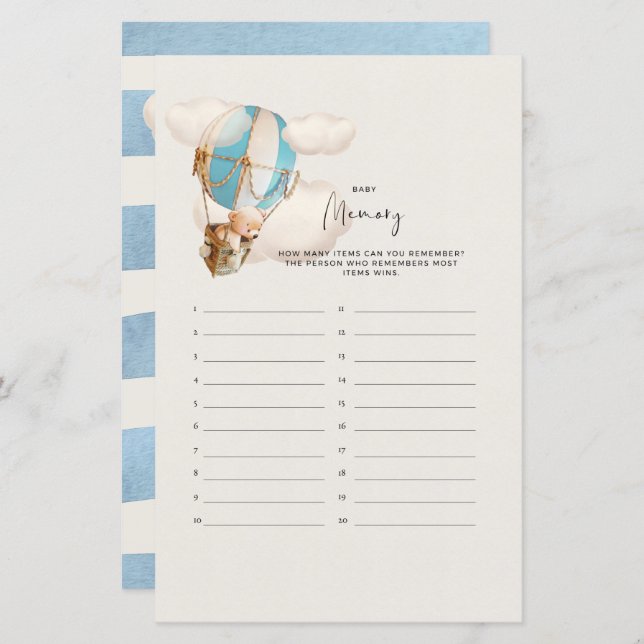 Jeu Baby shower ours - Mémoire bébé (Devant / Derrière)