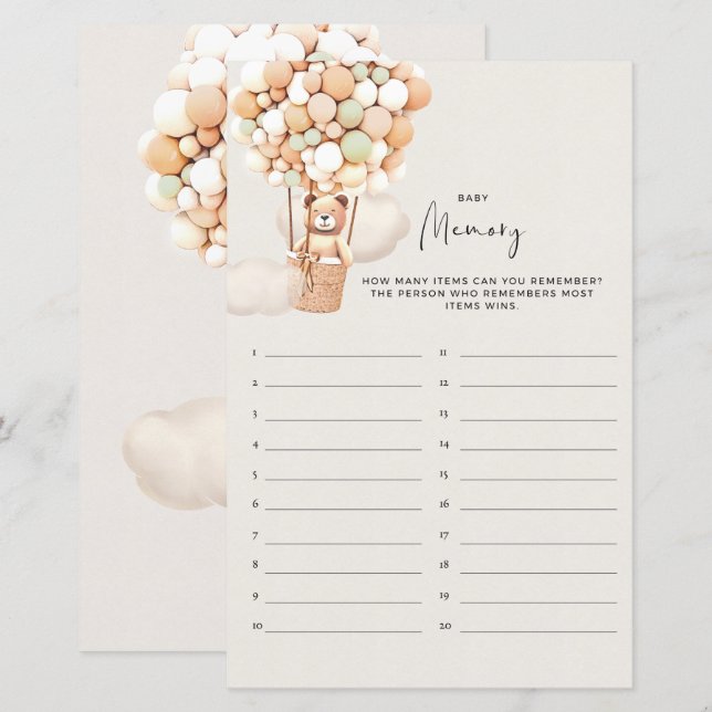 Jeu Baby shower ours - Mémoire bébé (Devant / Derrière)