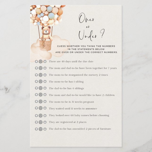 Jeu Baby shower Ours Plus Ou Moins (Devant)