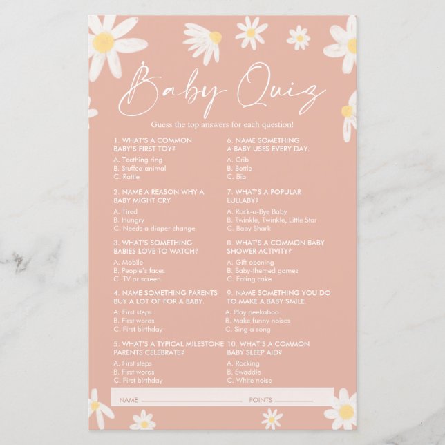 Jeu Baby shower Quiz, Jeu Baby shower Daisy (Devant)