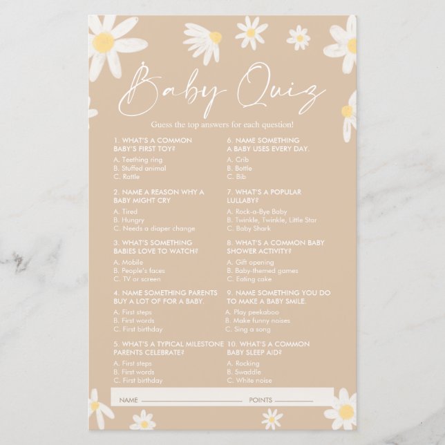 Jeu Baby shower Quiz, Jeu Baby shower Daisy (Devant)