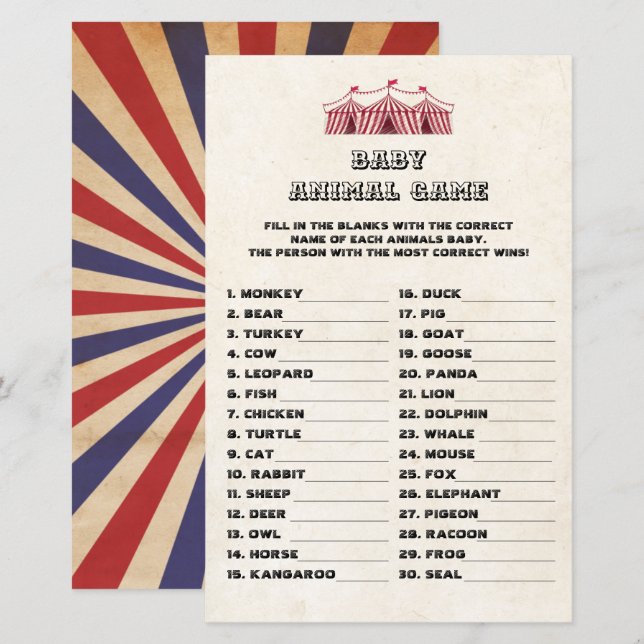Jeu d'animaux bébé Cirque Carnaval Rétro Baby Show (Devant / Derrière)