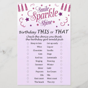 Jeu d'anniversaire à paillettes roses Ceci ou Cela