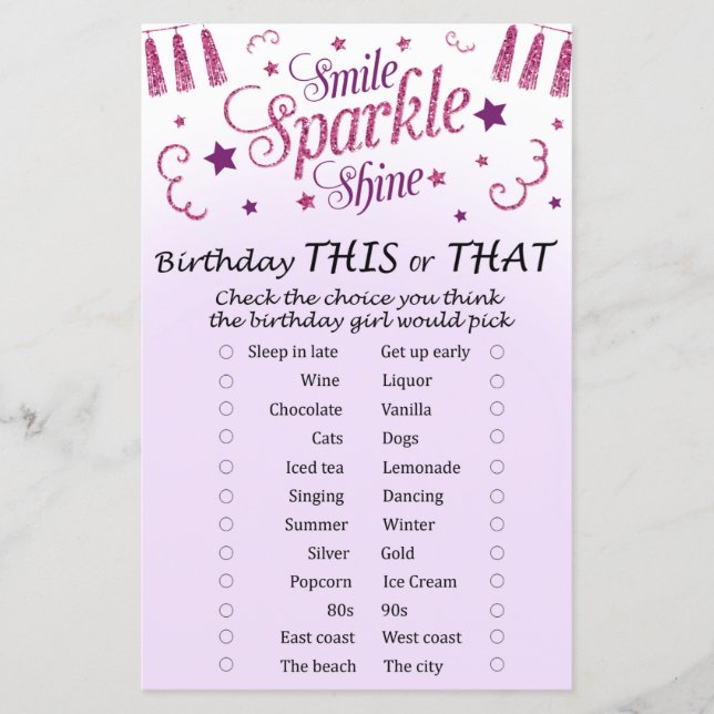Jeu d'anniversaire à paillettes roses Ceci ou Cela (Devant)