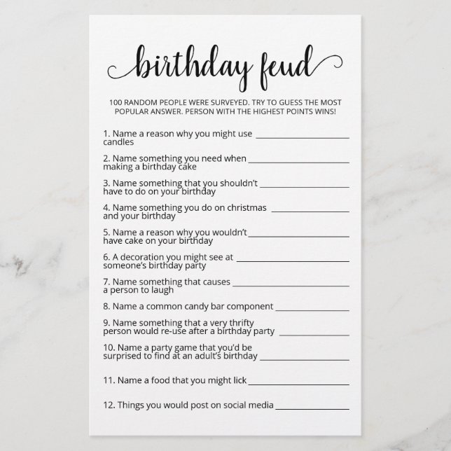 Jeu d'anniversaire Feud avec réponses (Devant)