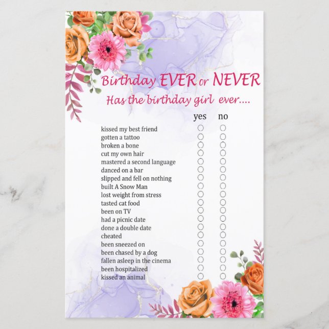 Jeu d'anniversaire Fleurs à jamais ou jamais (Devant)