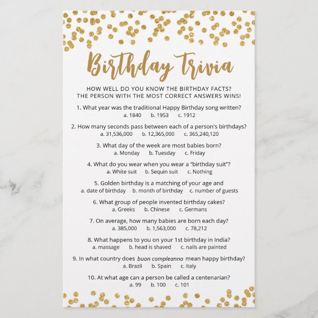 Jeu d'anniversaire Trivia avec réponses Anniversai (Devant)