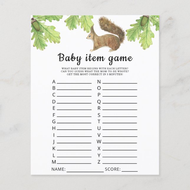 Jeu d'article bébé écureuil. Jeu de baby shower (Devant)
