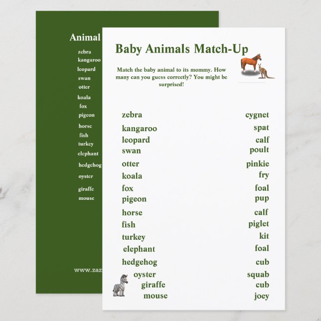 Jeu d'assortiment sur le thème des animaux (Devant / Derrière)