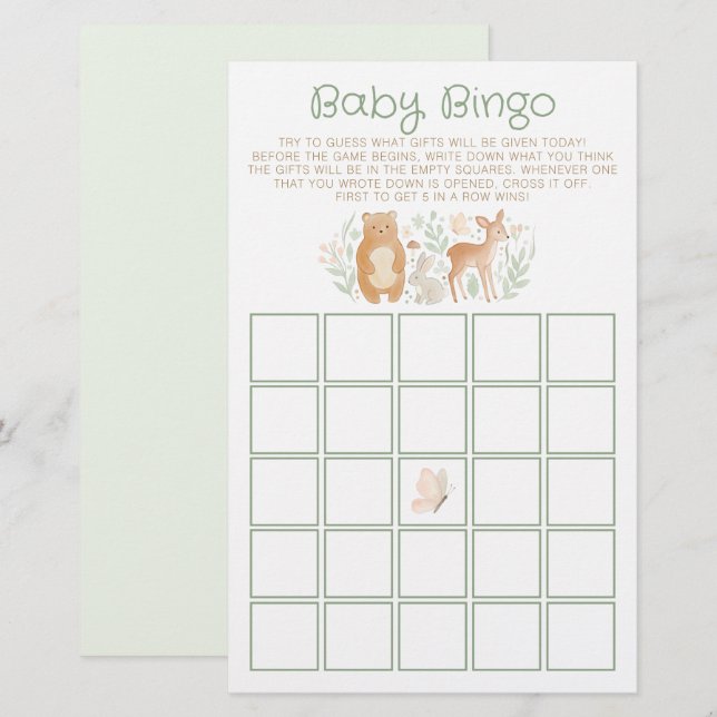 Jeu de Baby Bingo sur le thème de la forêt (Devant / Derrière)