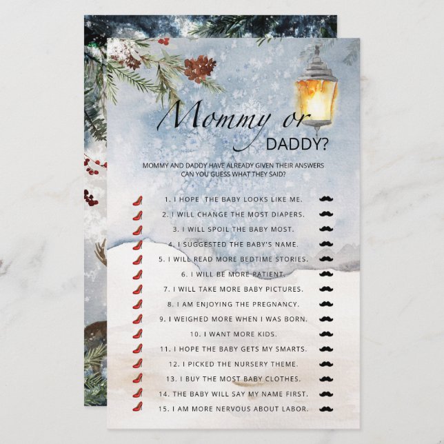 Jeu de baby shower à feuillage persistant maman ou (Devant / Derrière)