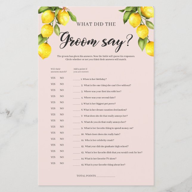 Jeu de baby shower au citron Que le marié a dit (Devant)