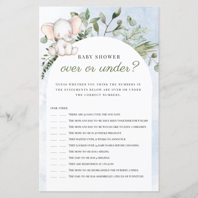 Jeu de Baby Shower 'Au-Dessus ou en Dessous' Éléph (Devant)