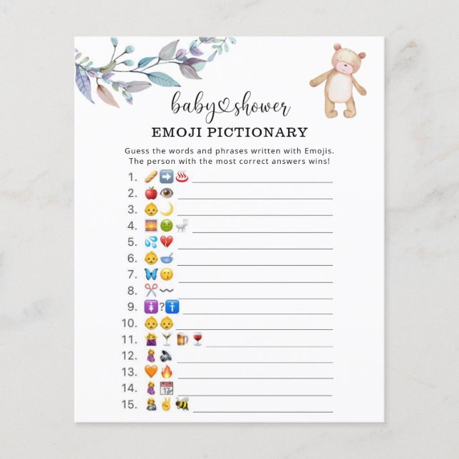 Jeu de baby shower avec image Emoji de forêt d'euc (Devant)