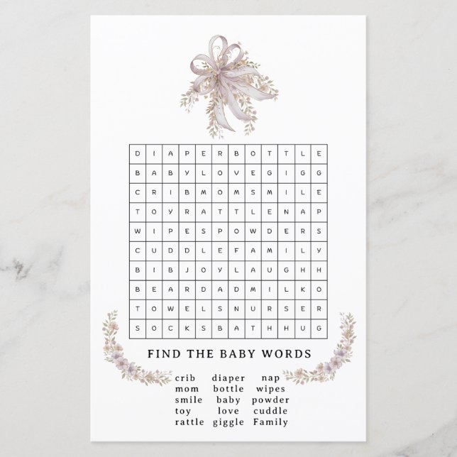 Jeu de baby shower avec un nœud violet coquet (Devant)