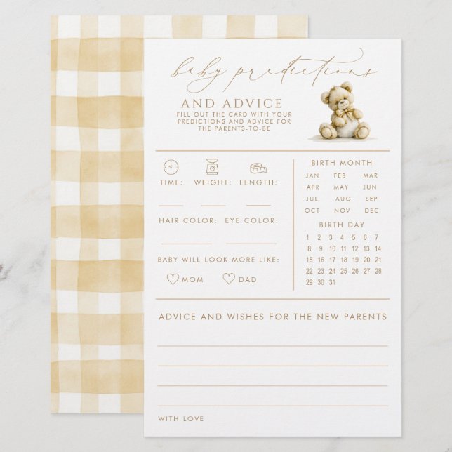 Jeu de baby shower Baby Predictions & Advice Bear (Devant / Derrière)
