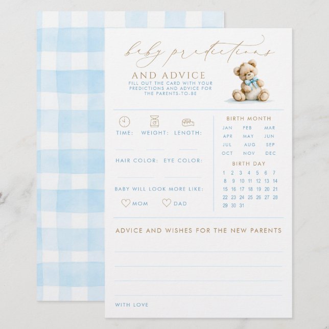 Jeu de baby shower Baby Predictions & Advice Bear (Devant / Derrière)