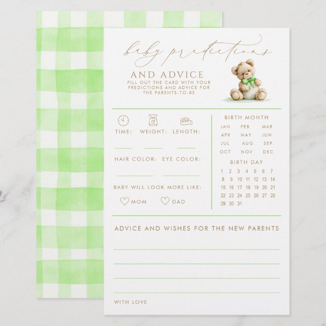 Jeu de baby shower Baby Predictions & Advice Bear (Devant / Derrière)