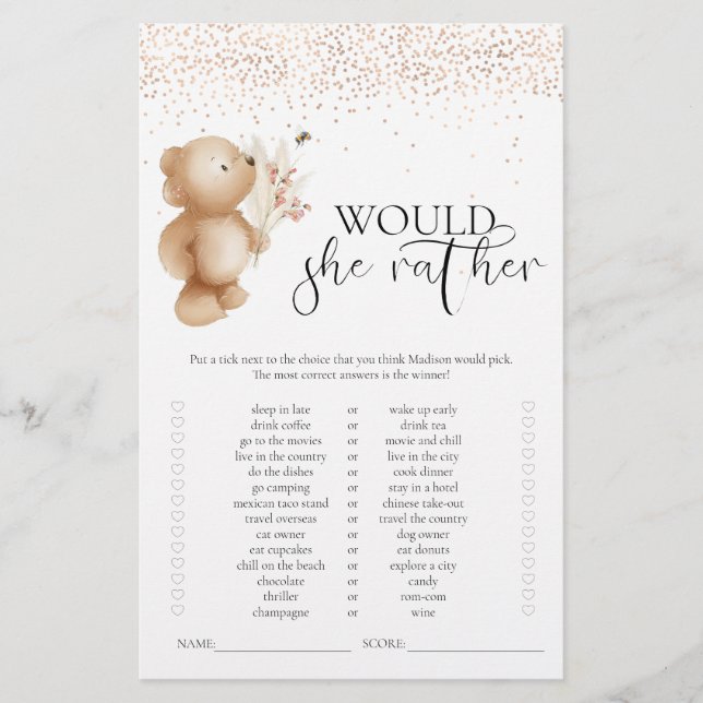 Jeu de Baby Shower 'Bear & The Bee Would She Rathe (Devant)