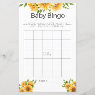 Jeu de Baby Shower Bingo Bébé Tournesols Jaunes