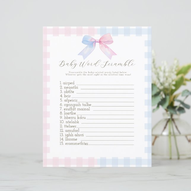 Jeu de baby shower bleu ou rose En vichy Bow (Debout devant)