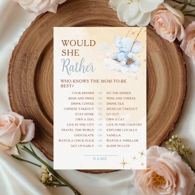 Jeu de Baby Shower « Blue Elephant Would She Rathe (Créateur téléchargé)