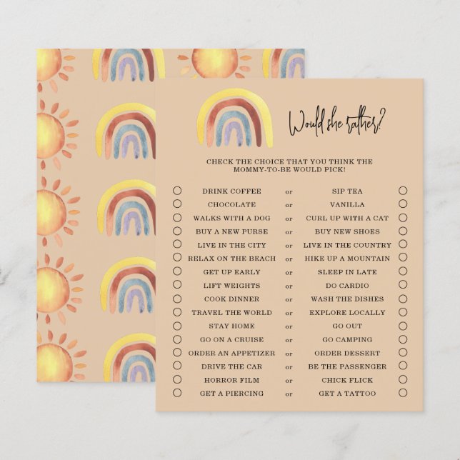 Jeu de Baby Shower Boho Arc-en-Ciel 'Préférerait-E (Devant / Derrière)
