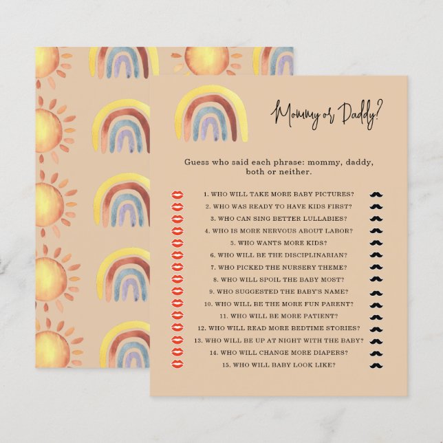 Jeu de baby shower « Boho Rainbow maman ou papa » (Devant / Derrière)