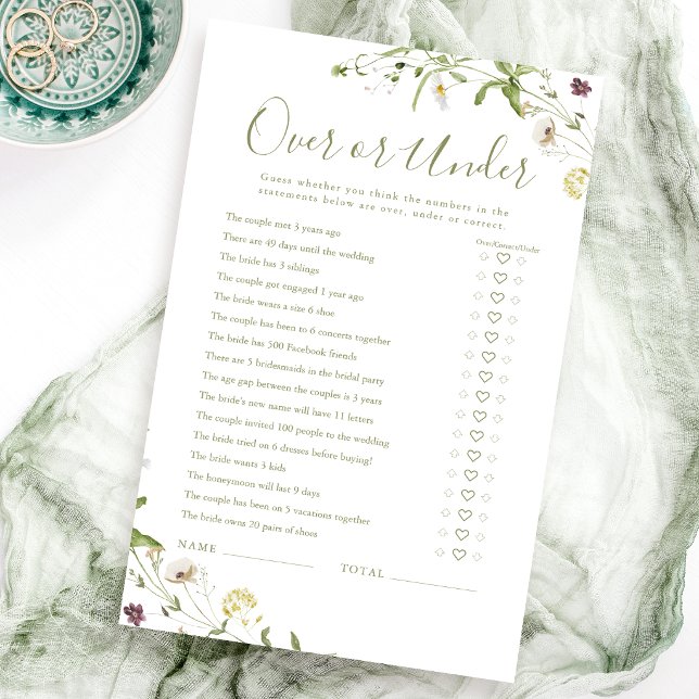 Jeu de baby shower Boho Wildflower Over ou Under (Boho Wildflower Over or Under bridal shower game)