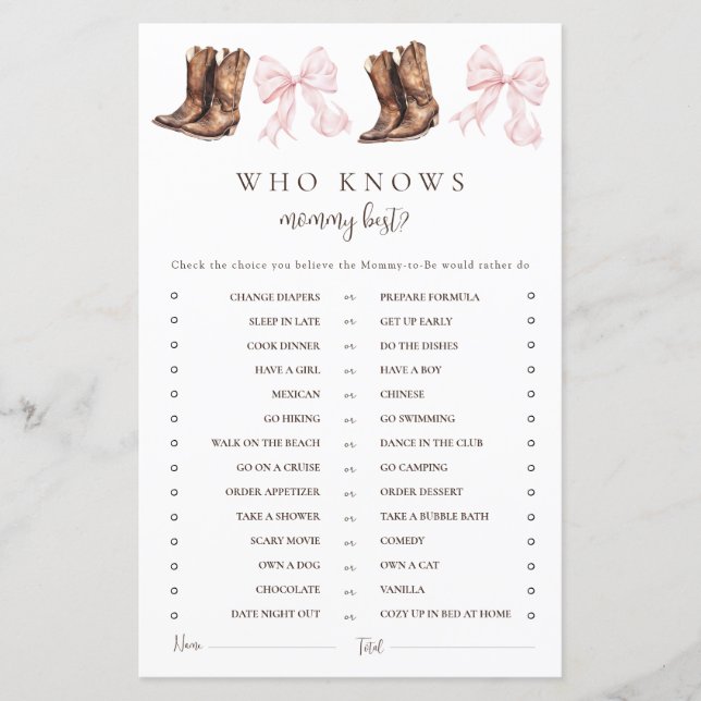 Jeu de baby shower Boots & Bows Qui connaît le mie (Devant)