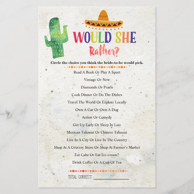 Jeu de Baby Shower CACTUS Préférerait-Elle (Devant)
