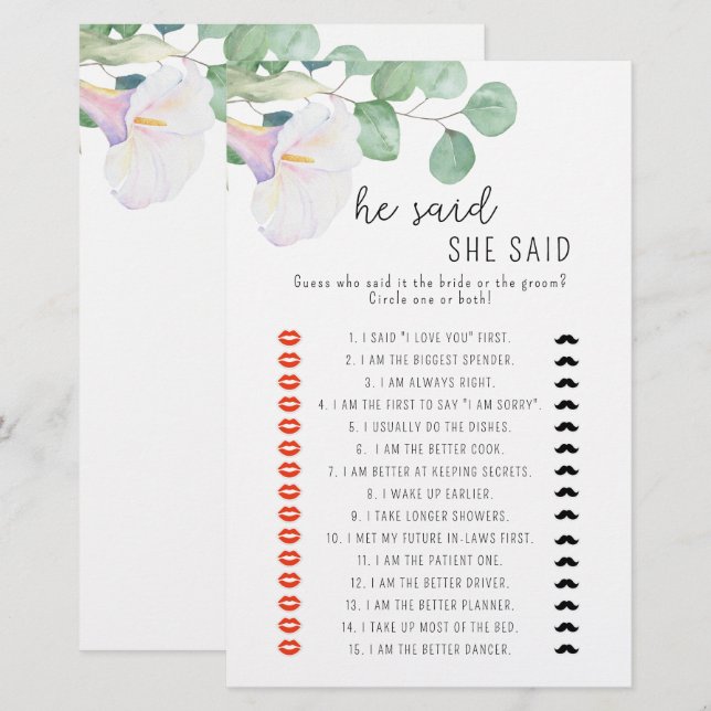Jeu de baby shower Calla - Il a dit qu'elle avait  (Devant / Derrière)