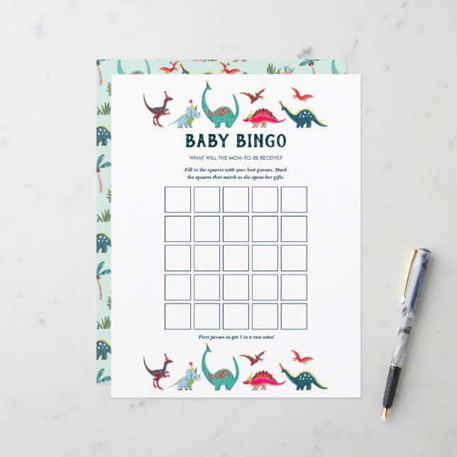 Jeu de Baby shower de Bingo Cute Dinosaur (Devant/Arrière en situation)