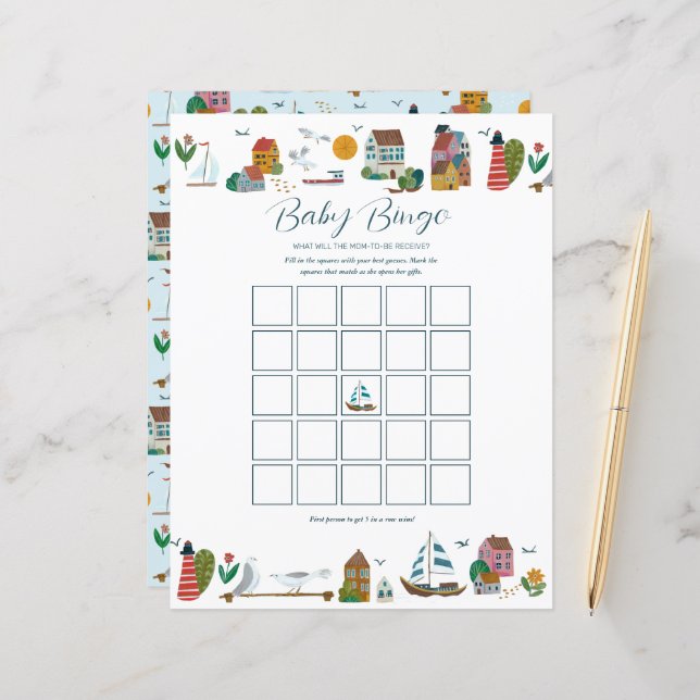 Jeu de Baby shower de Bingo Nautique Côtier (Devant/Arrière en situation)