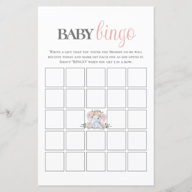 Jeu de Baby shower de bingo rose Floral Elephant (Devant)
