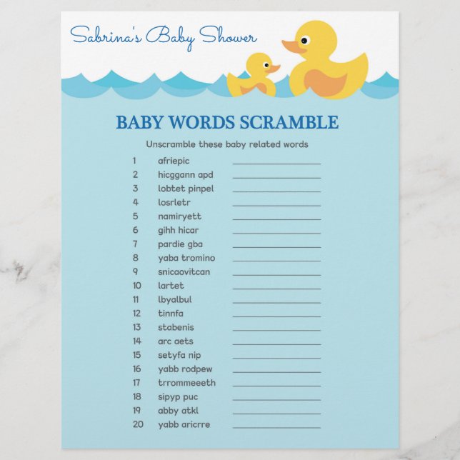 Jeu de Baby shower de canard en caoutchouc Scrambl (Devant)
