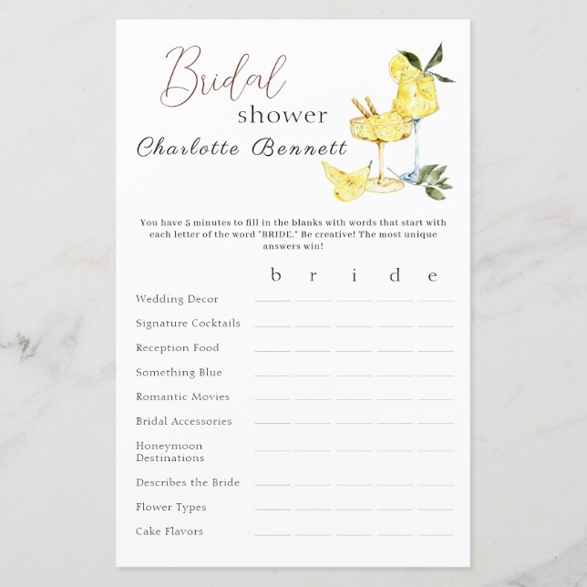 Jeu de Baby Shower de Cocktail Limoncello d'Amour (Devant)