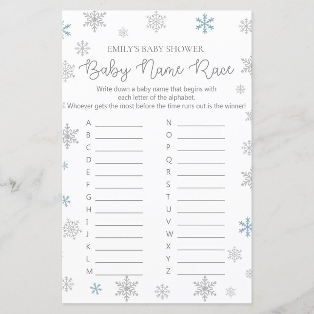 Jeu de Baby shower de flocon de neige d'hiver IMPR (Devant)