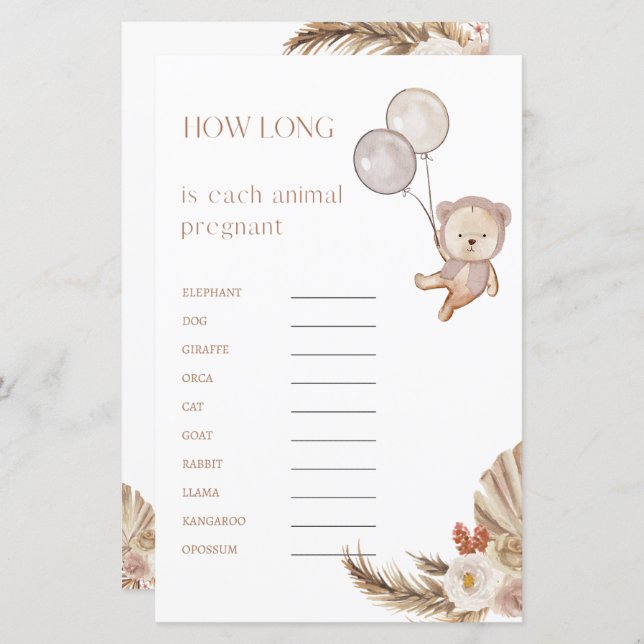 Jeu de Baby Shower de Grossesse Combien de Temps E (Devant / Derrière)