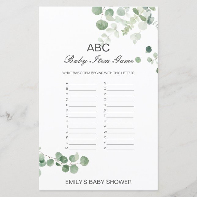 Jeu de Baby shower de l'élément Alphabet modifiabl (Devant)