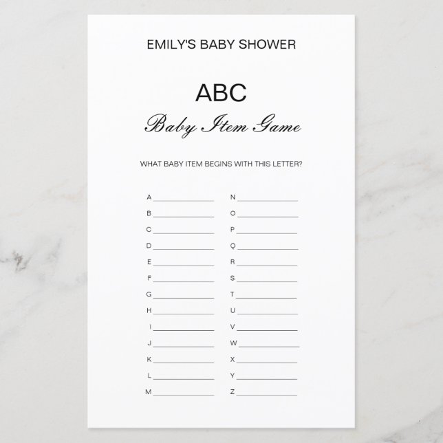 Jeu de Baby shower de l'élément Alphabet modifiabl (Devant)