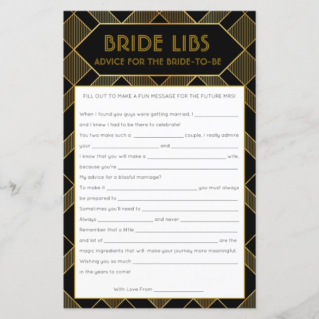 Jeu de Baby Shower de mariage Art Déco Or et Noir (Devant)