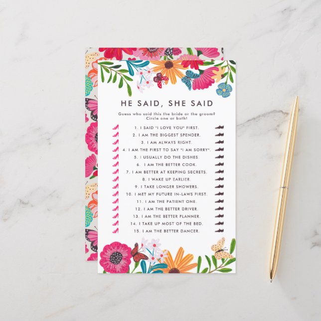 Jeu de baby shower de mariage 'Wildflowers He said (Devant/Arrière en situation)