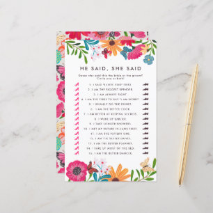 Jeu de baby shower de mariage 'Wildflowers He said