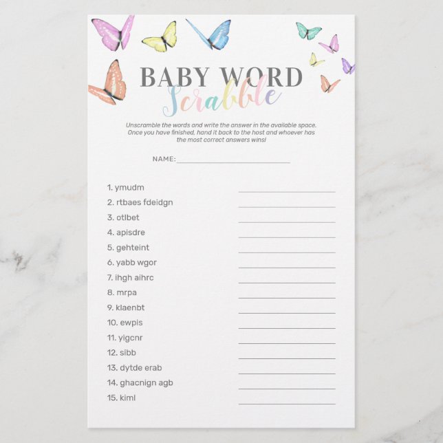 Jeu de Baby shower de papillon Word Scramble (Devant)