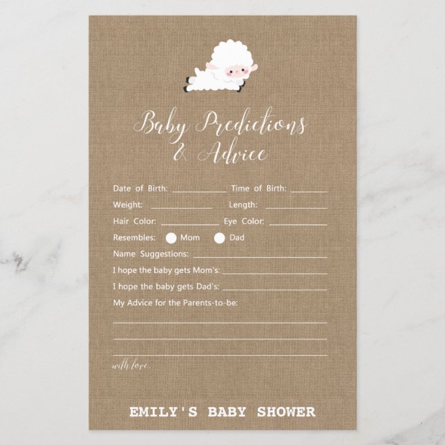 Jeu de Baby shower de petit agneau IMPRIMÉ (Devant)