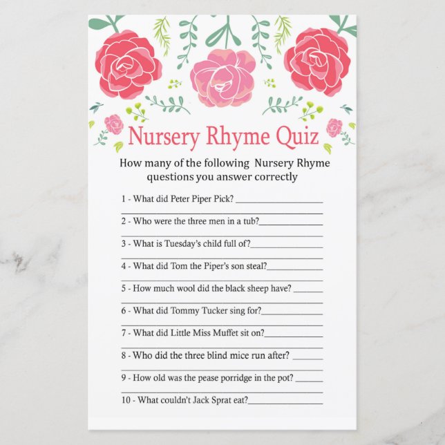 Jeu de baby shower de quiz de la Nursery Rhyme ros (Devant)