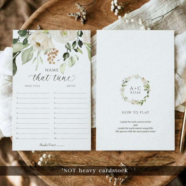 Jeu de Baby Shower : Devine la chanson Fleurs blan (Bridal shower name that tune game card with watercolor floral greenery botanical design)