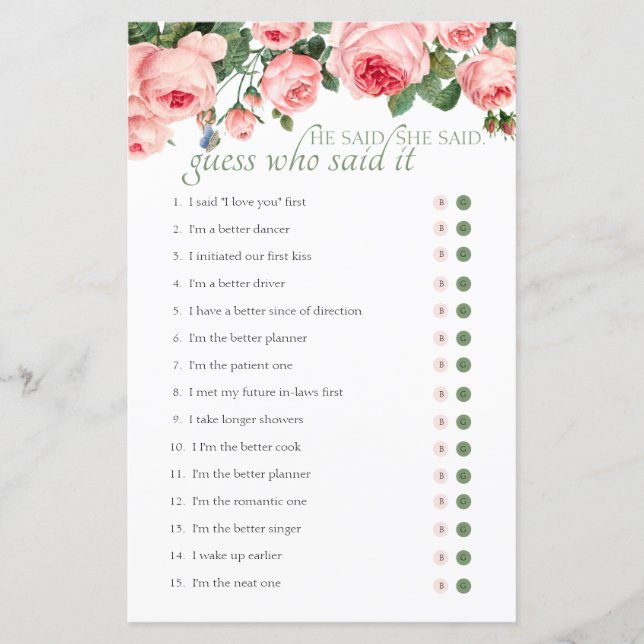 Jeu de Baby Shower Devinez Qui a Dit Rose Rousse (Devant)